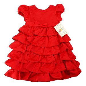 Marmellata Toddler Girls Formal Dress Red Ruffle Tier Puff Sleeve 3T Bow New